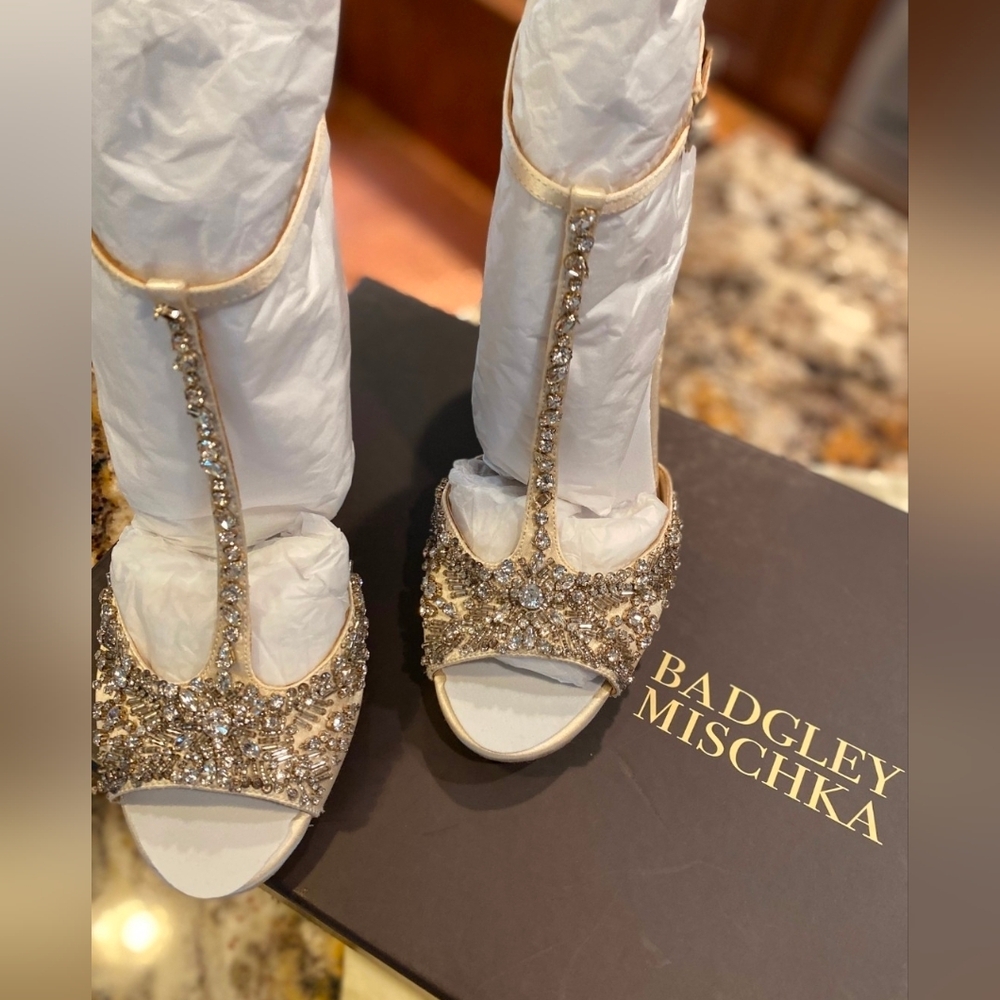 Badgley Mischka SARAH Embellished Wedge Ivory Evening Shoe, Size 7.5 - Picture 2 of 10